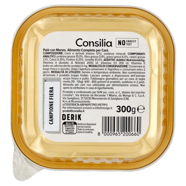 Consilia Derik Paté per Cane con Manzo 300 g