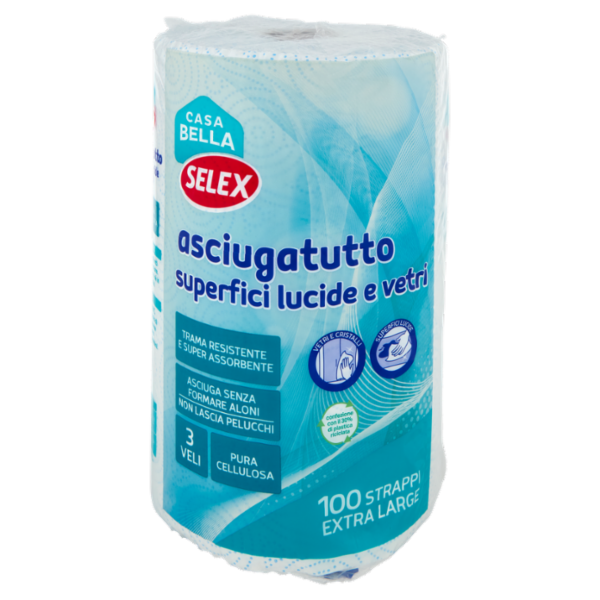 Selex Casa Bella Asciugatutto 3 Veli per Superfici Lucide e Vetri Bobina 100 Strappi