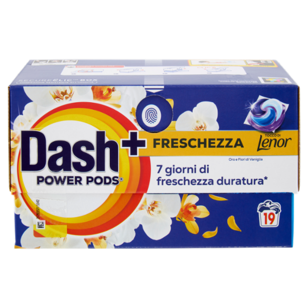 Dash Power Pods Detersivo Lavatrice Capsule + Tocco Lenor Oro e Fiori di Vaniglia, 19 Lavaggi 440,8g