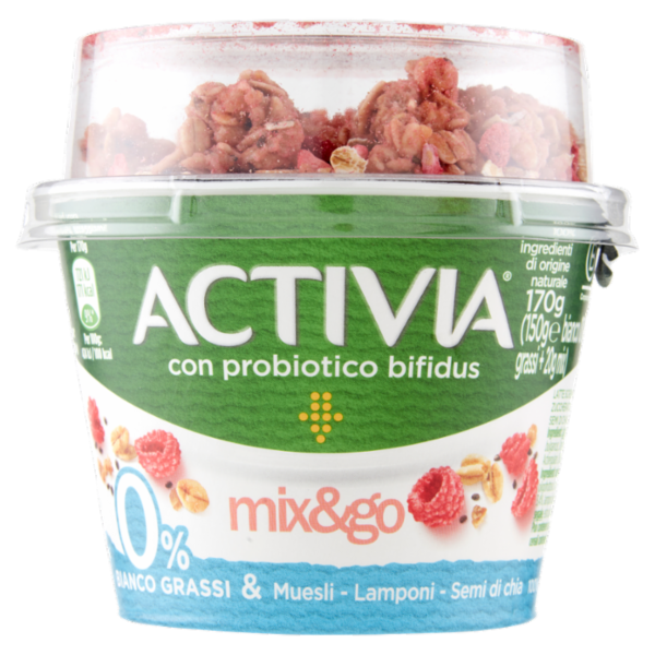ACTIVIA Mix&Go con Probiotico Bifidus, 0% Grassi, Yogurt con Muesli, Lamponi e Semi di Chia 170g