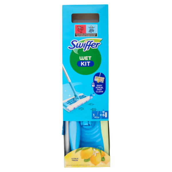 Swiffer Wet Kit Citrus Fresh (1 Scopa Lavapavimenti + 6 Panni Umidi per Pavimenti)