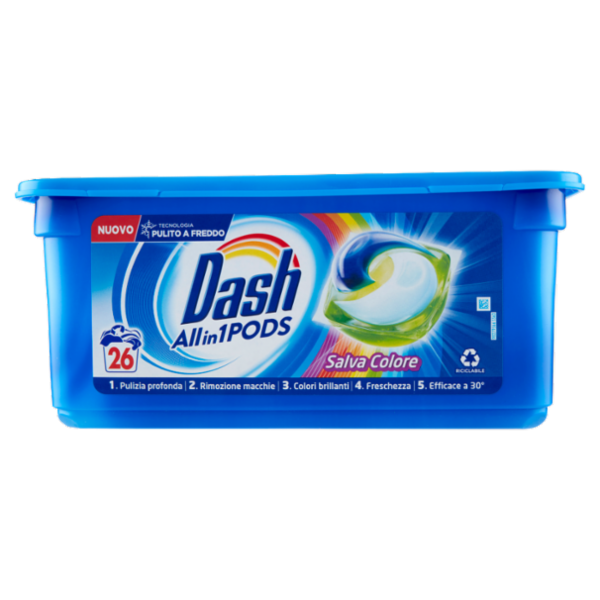 Dash PODS Allin1 Detersivo Lavatrice in Capsule per Bucato Salva Colore 26 Lavaggi 618,8 g