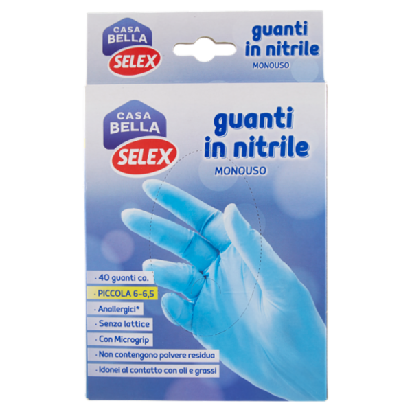 Selex Casa Bella Guanti Monouso in Nitrile Misura Piccola (6-6,5) Dispenser 40 pezzi