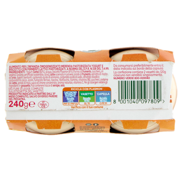 Plasmon Omogeneizzato con fermenti lattici pastorizzati Yogurt e Biscotto 2 x 120 g