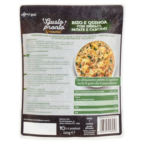 Gusto pronto Gourmet Riso e Quinoa con Spinaci, Patate e Carciofi 220 g