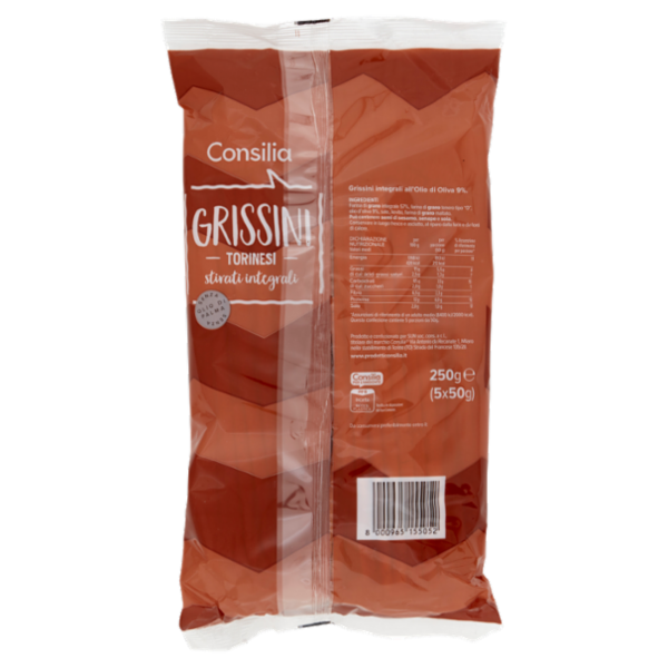 Consilia Grissini Torinesi con Olio d'Oliva Stirati Integrali in Confezioni Salvafreschezza 5x50 g