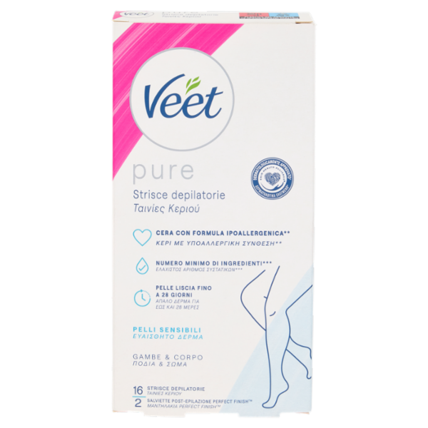 Veet Pure Strisce Depilatorie Corpo e Gambe, Ipoallergeniche, Confezione da 16 Strisce