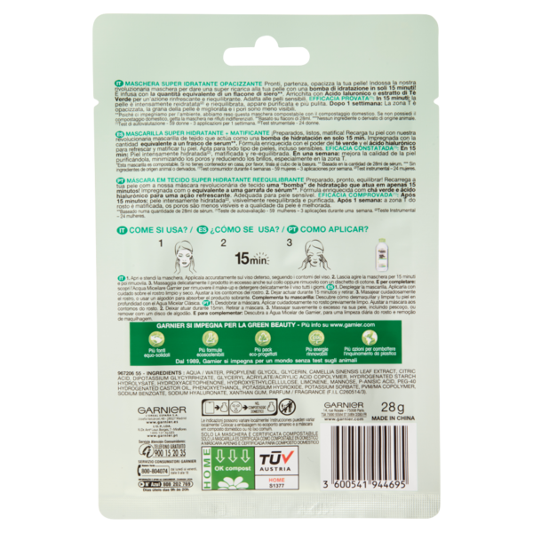 Garnier SkinActive Hydra Bomb Maschera Viso in Tessuto Super Idratante Opacizzante al The Verde