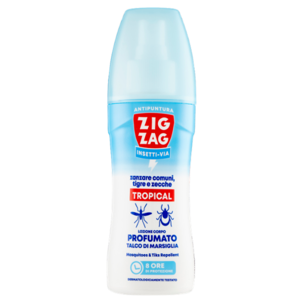 Zig Zag Insetti-Via Antipuntura Tropical zanzare comuni, tigre e zecche Talco di Marsiglia 100 ml