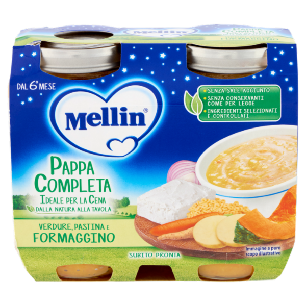 MELLIN Pappa Completa ideale per la Cena, Pastina Verdure Formaggino, dal 6° mese, 2x200g