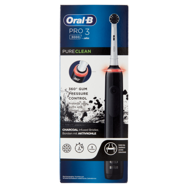 Oral-B Power Spazzolino Elettrico Ricaricabile Pro3 3000 Pure Clean Nero con Setole Carbone