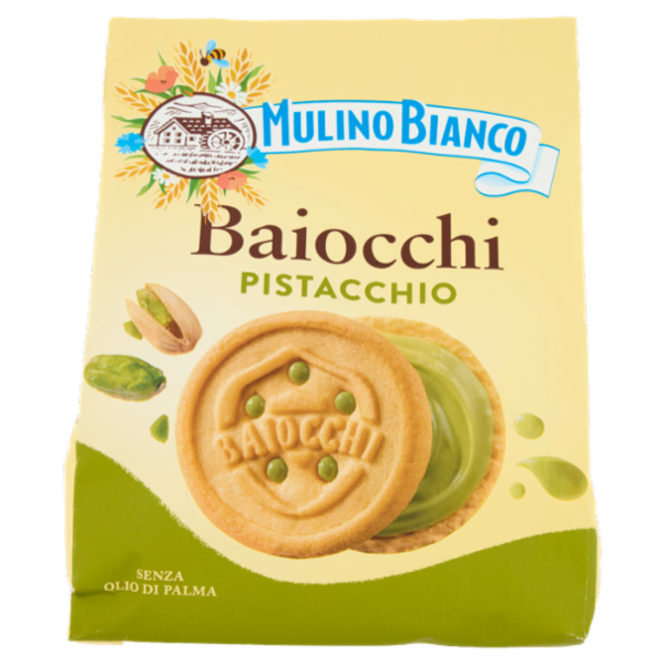 Mulino Bianco Baiocchi Biscotti Snack Farciti con Crema al Pistacchio 240g