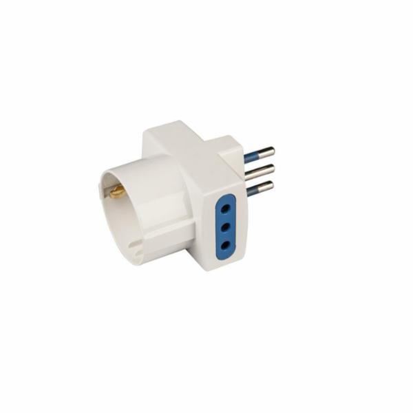 ADATTATORE PLURISTANDARD CON SPINA 10A 2P+T, 2 PRESE 10A 2P+T E 1 PRESA 10-16A 2P+T COLORE BIANCO