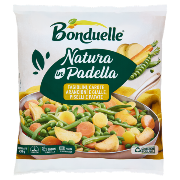 Bonduelle Natura in Padella Fagiolini, Carote Arancioni e Gialle, Piselli e Patate Surgelato 450 g