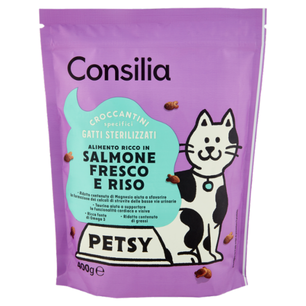 Consilia Petsy Gatto Sterilizzato Croccantini con Salmone Fresco e Riso 400 g
