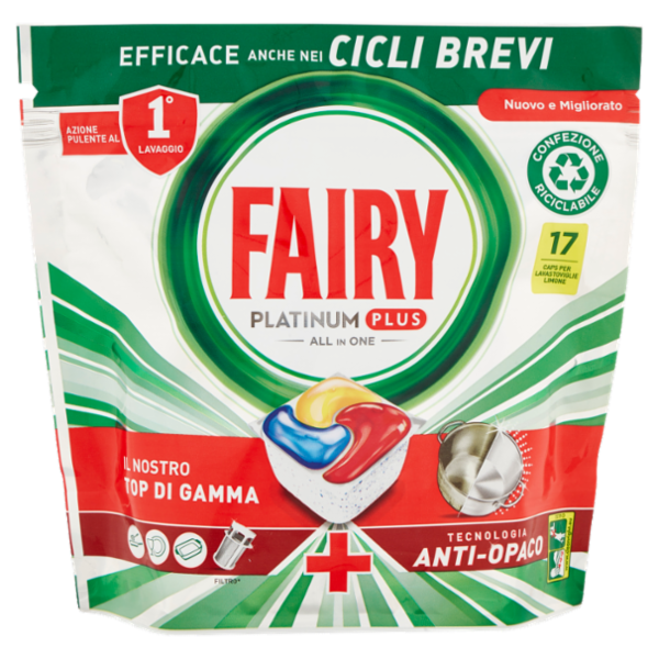 Fairy Pastiglie Lavastoviglie Platinum Plus Anti-Opaco, Detersivo Piatti Limone, 17 Capsule 264 g