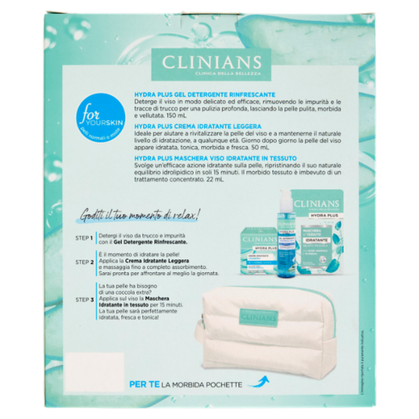 Clinians Hydra Plus Idratante Gel Detergente 150 mL + Crema Idratante 50 mL + Maschera Viso 22 mL
