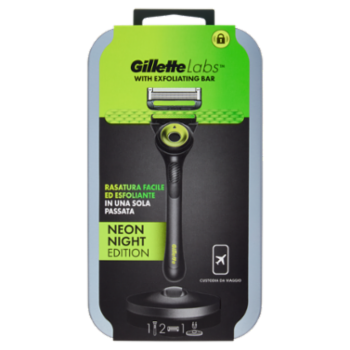 Gillette Labs Rasoio Da Uomo Neon Night Edition, 1 Manico + 2 Lamette + 1 Base + Custodia Da Viaggio