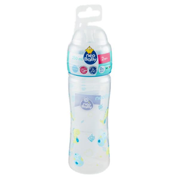 neo Baby Biberon Plastica Collo Largo 250 ml 2m+ Dino Blu