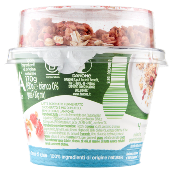 ACTIVIA Mix&Go con Probiotico Bifidus, 0% Grassi, Yogurt con Muesli, Lamponi e Semi di Chia 170g