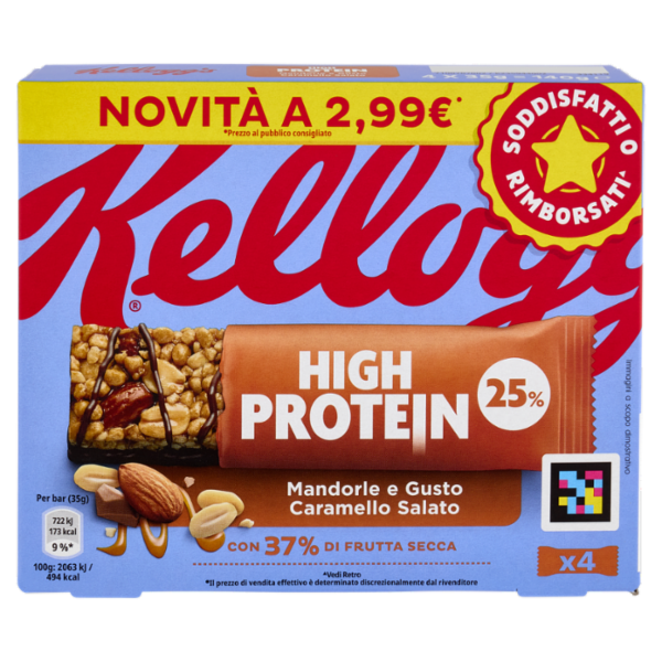 Kellogg's High Protein 25% Mandorle e Gusto Caramello Salato 4 x 35 g
