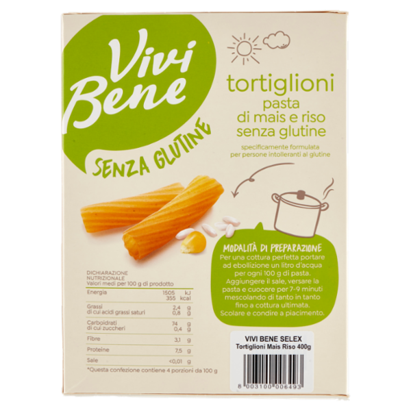 Vivi Bene Senza Glutine Pasta di Mais e Riso Tortiglioni Senza Glutine 400 g