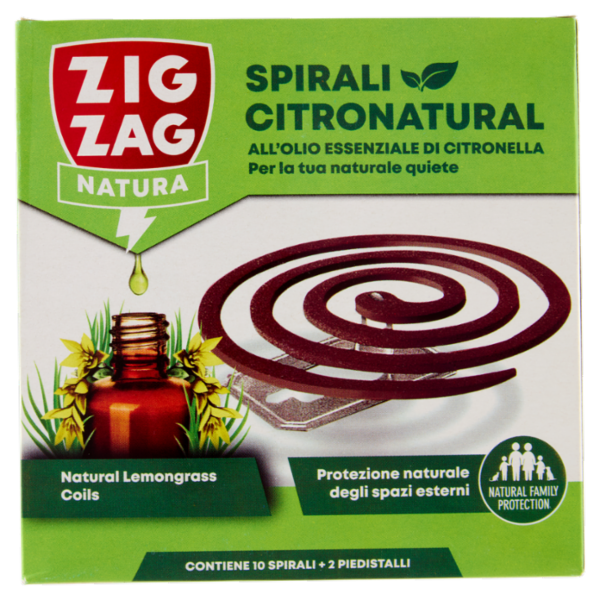 Zig Zag Natura Spirali Citronatural all'Olio Essenziale di Citronella 10 Spirali + 2 Piedistalli