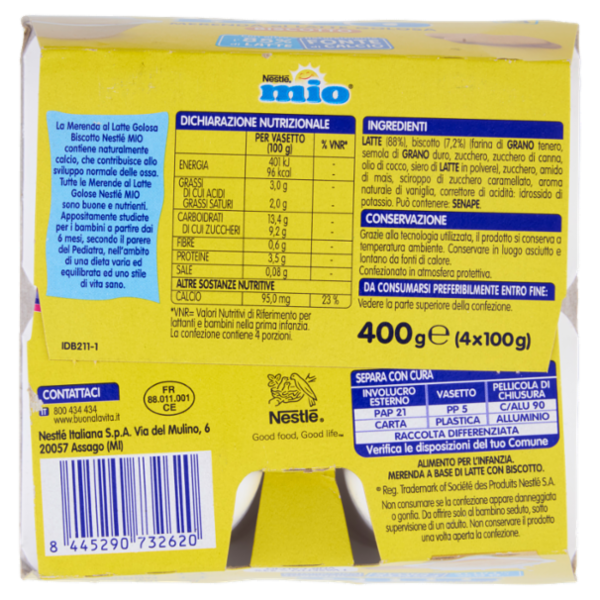 NESTLÉ MIO Merenda al Latte Biscotto 4 Vasetti da 100g