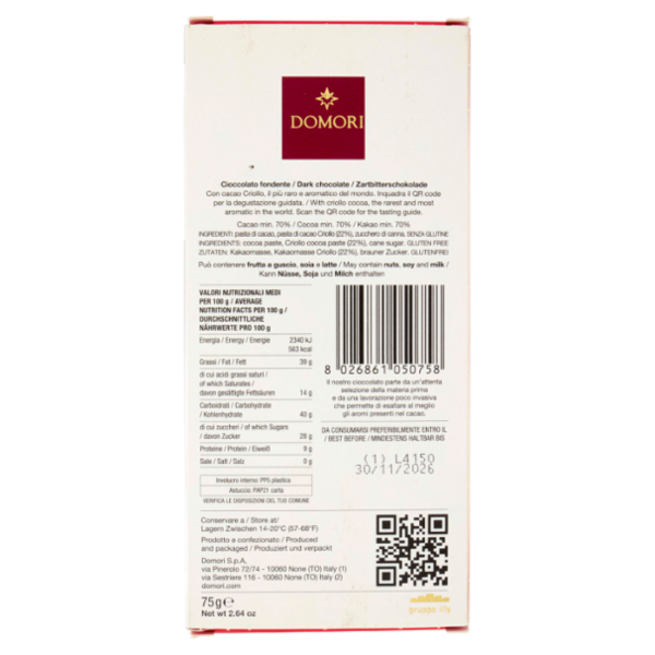 Domori 70% Fondente con cacao Criollo 75 g