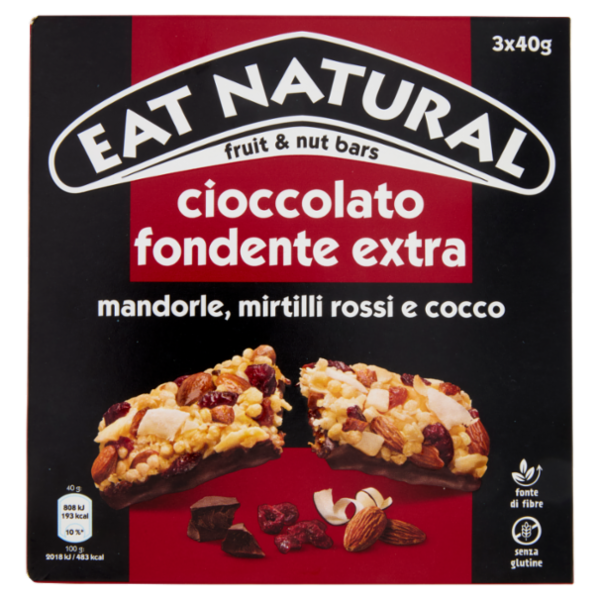Eat Natural cioccolato fondente extra mandorle, mirtilli rossi e cocco 3 x 40 g