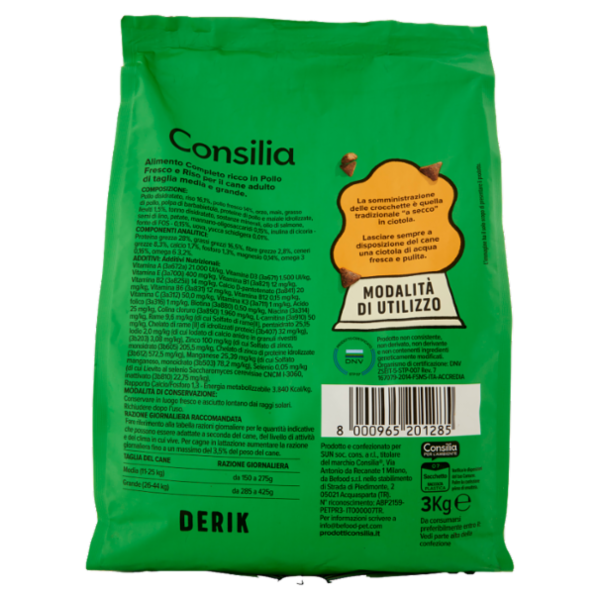 Consilia Derik Cane Adulto di Taglia Medio/Grande Crocchette con Pollo Fresco e Riso 3 kg