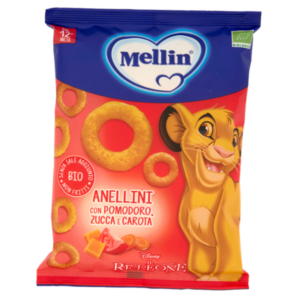 MELLIN Merenda Biologica Re Leone Simba, Anellini con Pomod, Zucca e Carota, adatto dai 12 mesi,15g