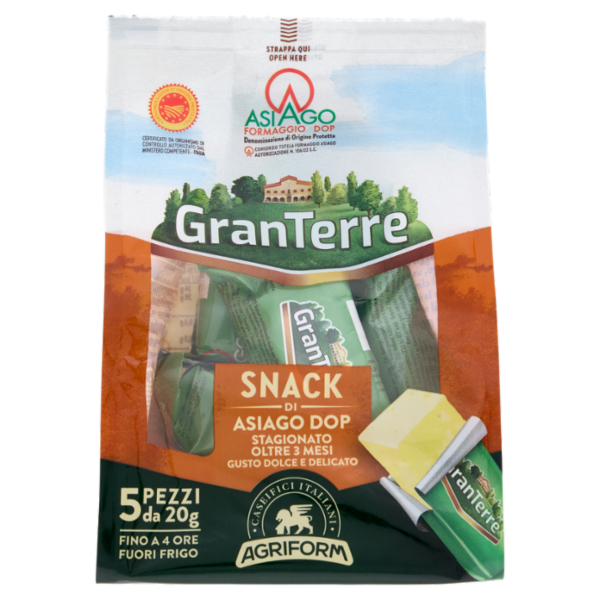 Granterre Snack di Asiago DOP Stagionato Oltre 3 Mesi 5 x 20 g