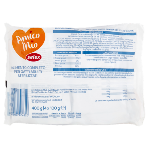 Selex Amico Mio Bocconcini per Gatto Sterilizzato con Pollo e Tacchino 4x100 g