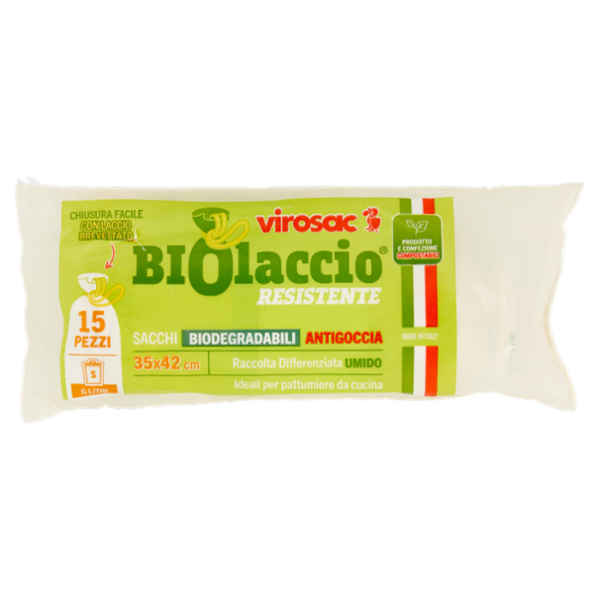 virosac Biolaccio Resistente Sacchi Biodegradabili Antigoccia 35x42 cm 6 Litri S 15 pz