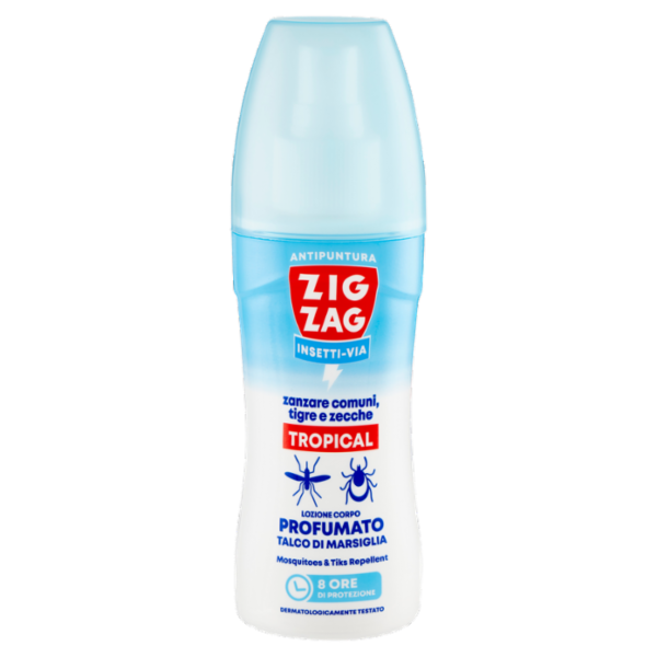 Zig Zag Insetti-Via Antipuntura Tropical zanzare comuni, tigre e zecche Talco di Marsiglia 100 ml