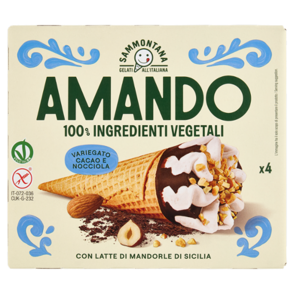 Sammontana Amando 4 Coni Gelato alla Vaniglia, Variegato al Cacao e Nocciola 4 x 75 g