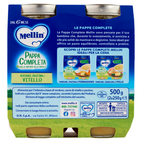 MELLIN Pappa Completa, Pastina Verdure Vitello, dal 6° mese, 2x250g