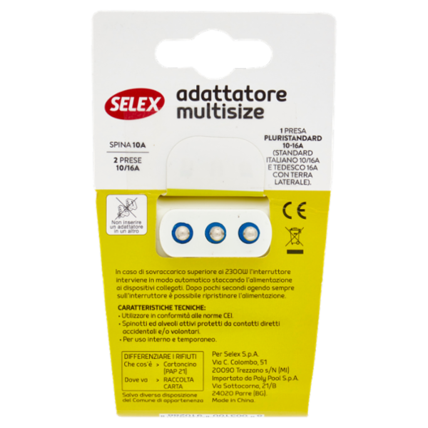Selex Adattatore Multisize Spina 10A + 3 Prese 10-16A con Interruttore di Sicurezza Bianco