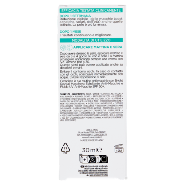 L'Oréal Paris Bright Reveal Siero Anti-Macchie 10% [Niacinamide + Acido Ammino-Solfonico], 30 ml