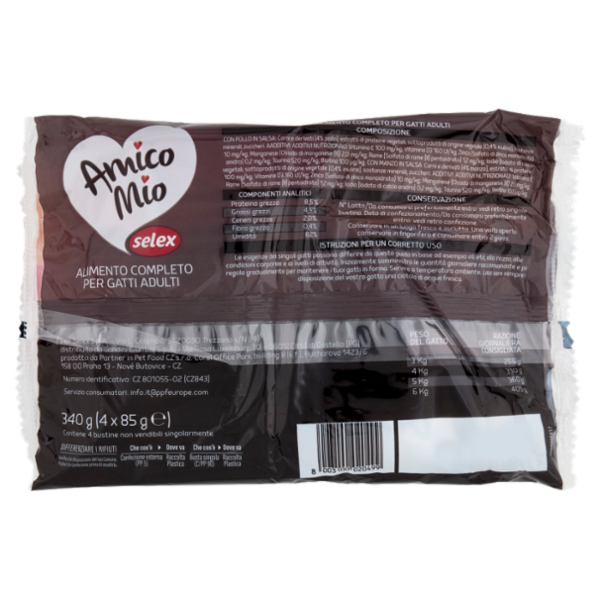 Selex Amico Mio Expert Gatto Sfilaccetti in Salsa 2 con Pollo e 2 con Manzo 4x85 g