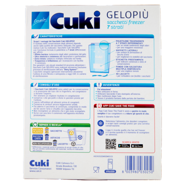 Cuki Congela Gelopiù sacchetti freezer 7 strati Formato Medio 23 x 32 cm 40 pz