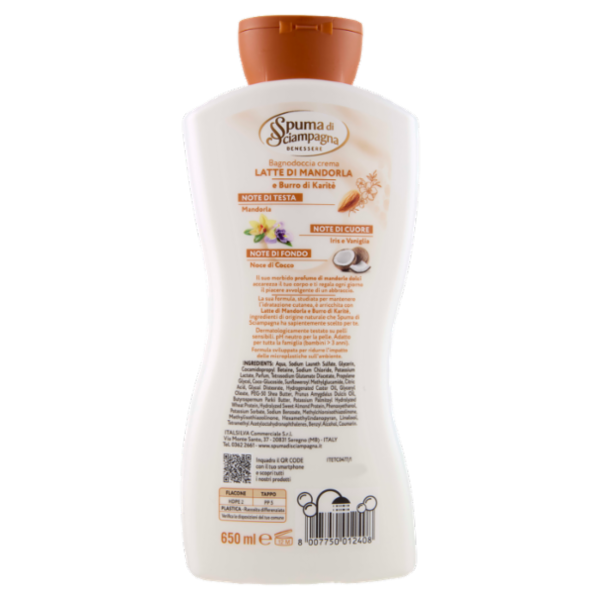 Spuma di Sciampagna Benessere Latte di Mandorla e Burro di Karitè Bagnodoccia crema Idratante 650 ml