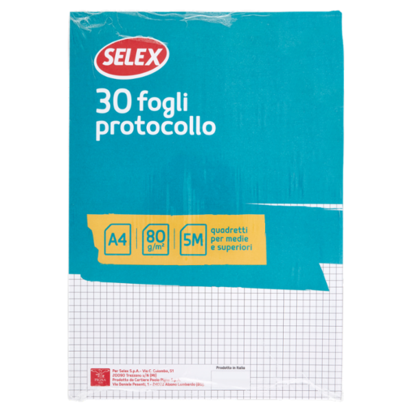 Selex Fogli Protocollo Formato A4 30 Fogli 80 g Quadretti 5 mm