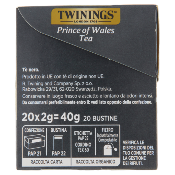 Twinings Prince of Wales Tea Tè nero 20 filtri The 40 g