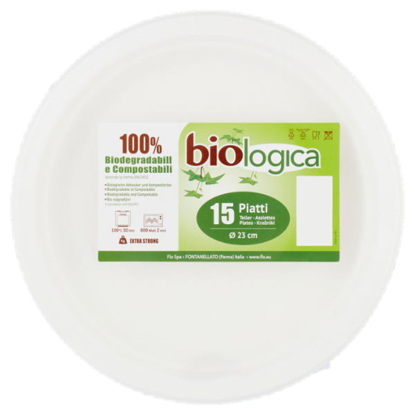 biologica Piatti Ø 23 cm 100% Biodegradabili e Compostabili 15 pz