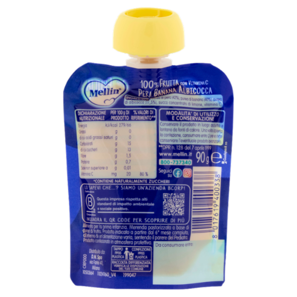 MELLIN Merenda di Frutta 100% con Vitamina C, Albicocca, a partire dal 6° mese, Pouch 90 g
