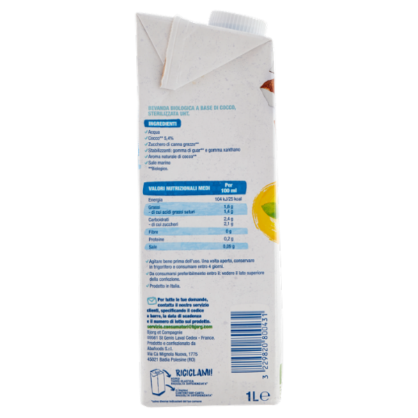 BJORG Latte di Cocco Bevanda Bio, 100% Ingredienti Vegetali, Senza Glutine, Prodotto in Italia, 1L