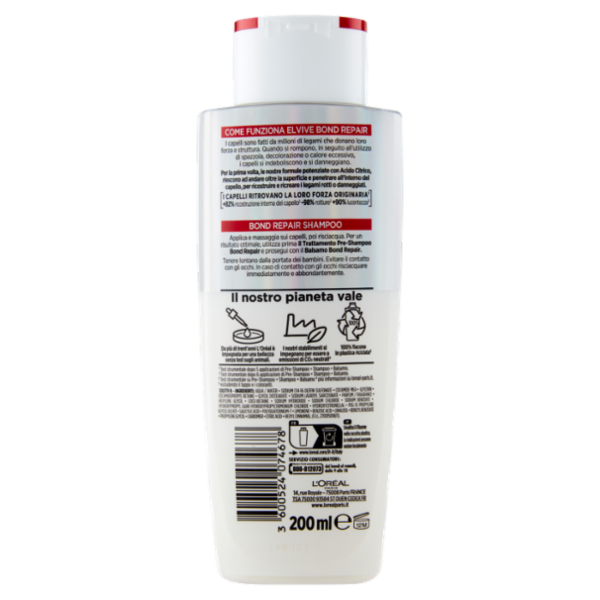 L'Oréal Paris Elvive Bond Repair Shampoo Con Acido Citrico Per Capelli Danneggiati, 200 ml