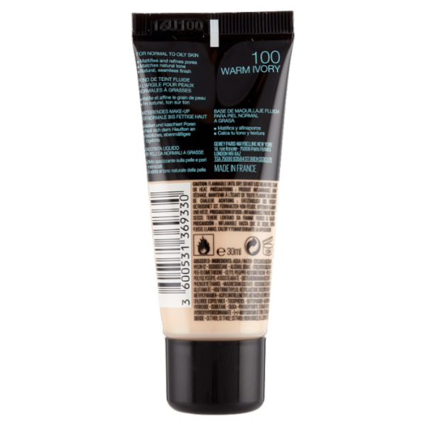 Maybelline New York Fondotinta Fit Me Matte&Poreless, Finish Opacizzante, 100 Warm Ivory
